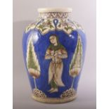A LARGE PERSIAN QAJAR GLAZED POTTERY VASE, the body painted with figures and tree beneath a band
