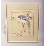 A CHINESE FRAMED AND GLAZED PAINTING ON SILK, depicting a bird on a branch, 26cm x 21cm.