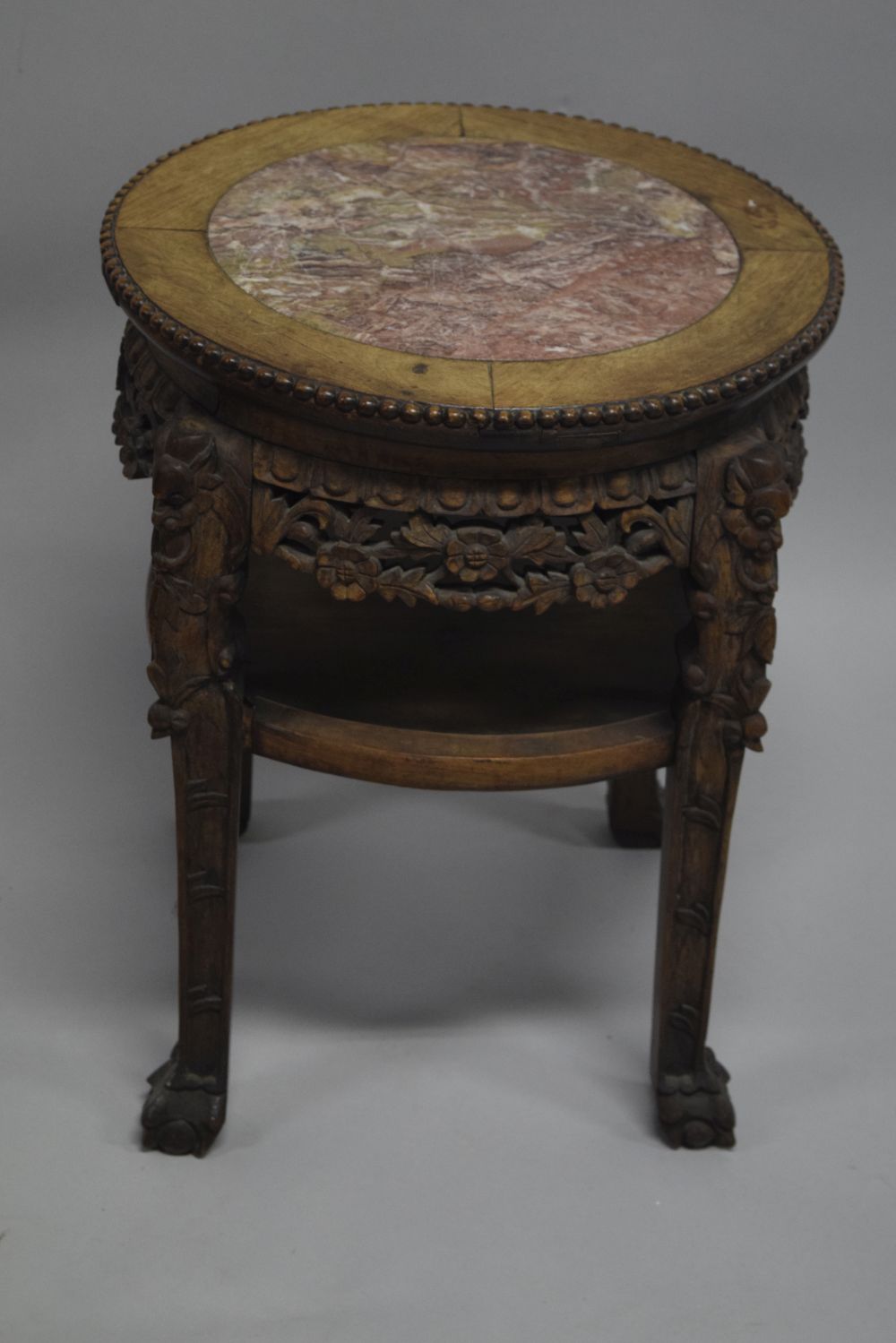 A CHINESE CARVED HARDWOOD MARBLE TOP STAND, the frieze and legs carved with foliate decoration, - Image 4 of 6