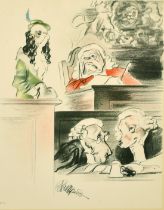 After Edmund Blampied, (1886-1966) Humorous lithograph of a lady dog in court, 13" x 9".