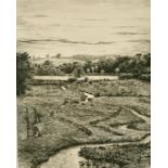 Heywood Sumner (1853-1940) British, 'Alresford Pond', a stream meandering towards a pond, etching,