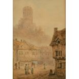 Early 19th Century English School, A continental town scene with figures in a market square,