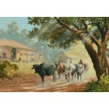 J.T James, 'Misty morning', A herd of Asian bullocks being driven past native huts, gouache,