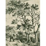 Circle of John Crome, two travellers in a wooded landscape, etching, numbered '10', 4.25" x 3.