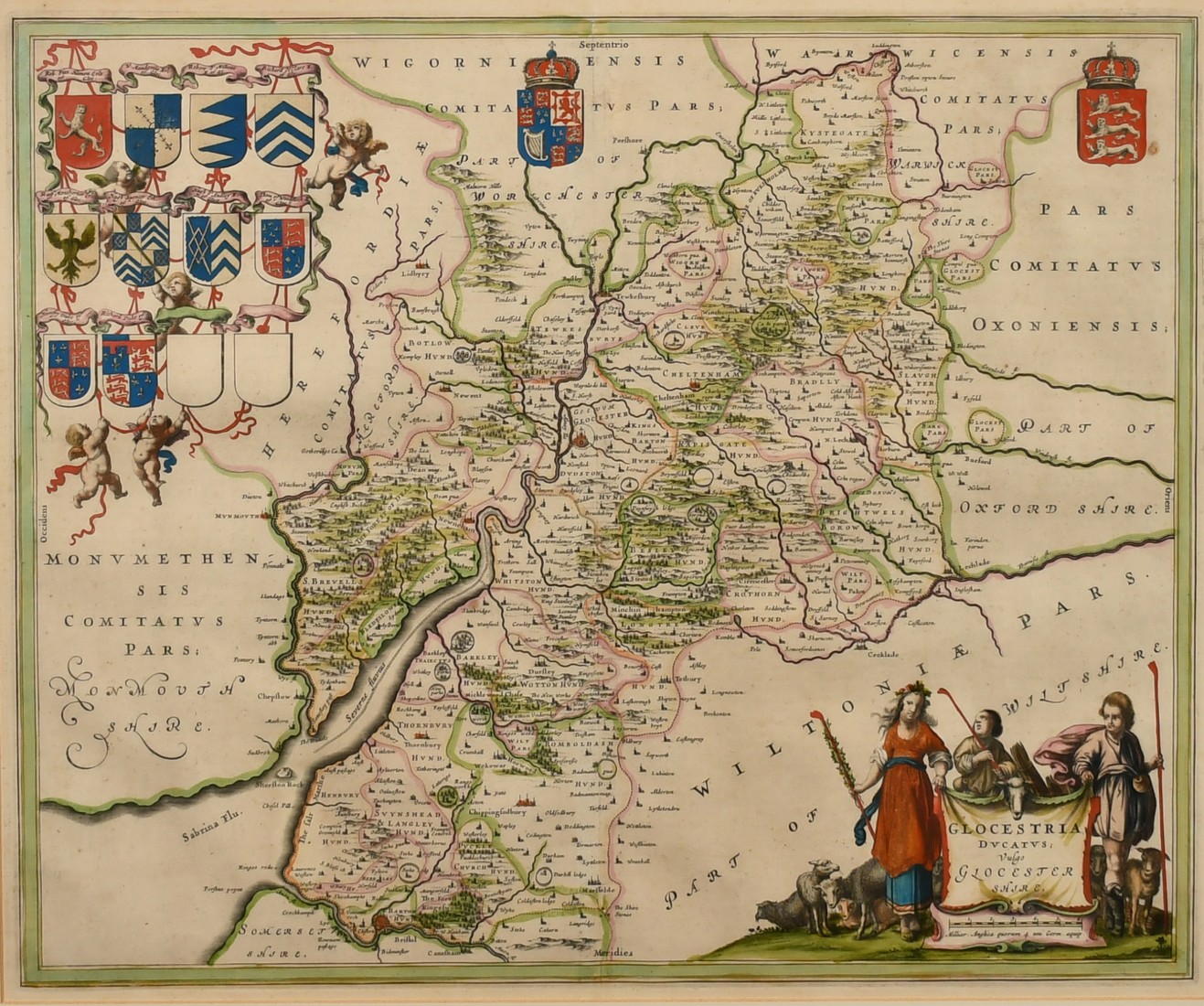 Glocestria Ducatus Vulgo Glocestershire, by Blaeu, hand coloured engraving, 17th Century, 17" x