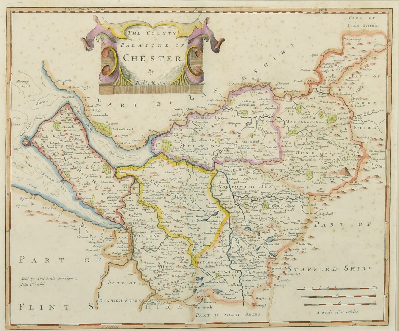 The County Palatine of Chester, by Robert Morden, outline coloured, engraving, 18th Century, 14" x
