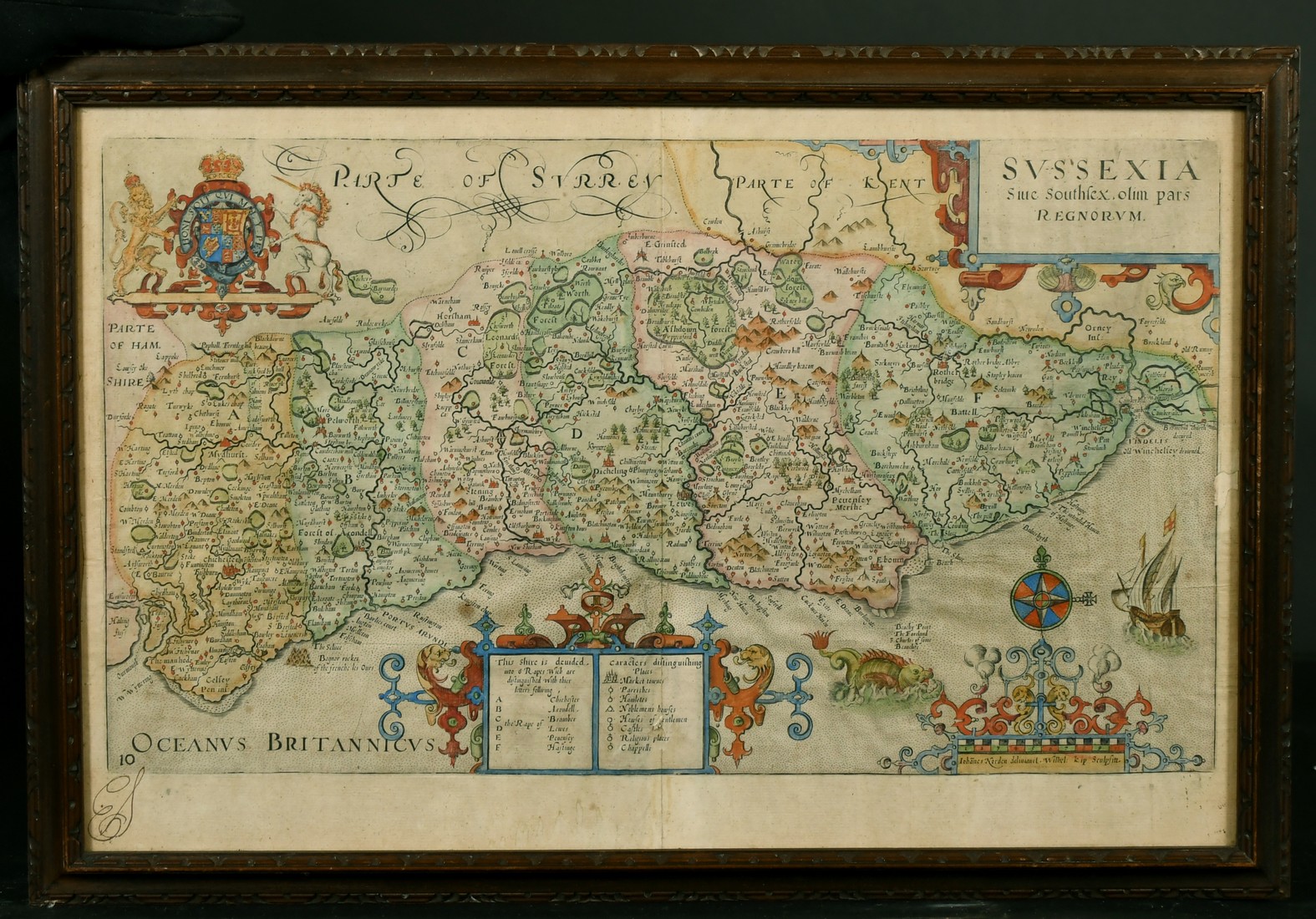 John Norden and William Kip, a hand-coloured map of Sussexia, 17th Century, hand colouring - Image 2 of 3