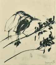 After Brett Whiteley, Australian, two birds on a branch, print, 13" x 10".