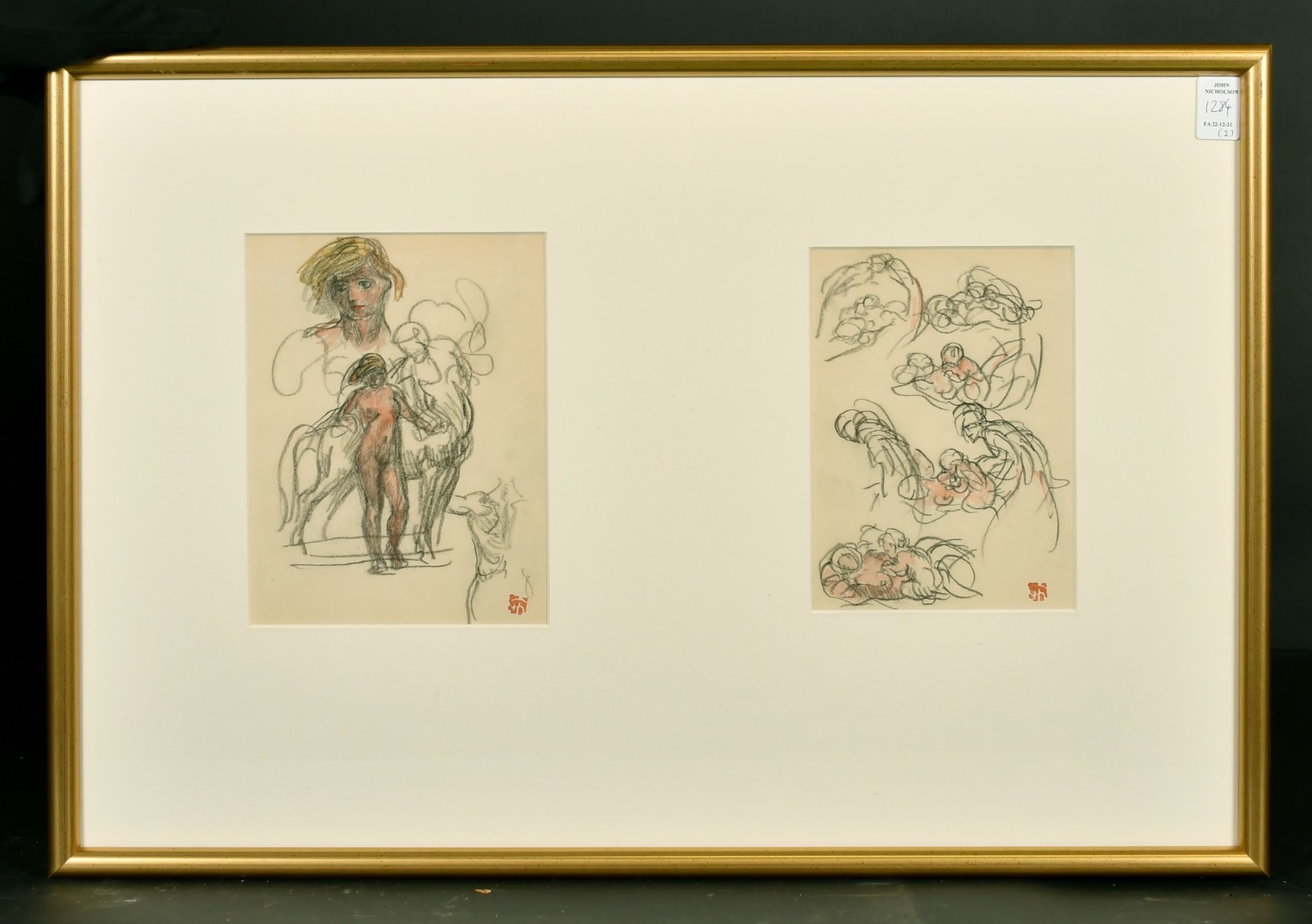Early 20th Century, A set of four sketches of various scenes, all signed with an ink stamp, framed - Image 3 of 4