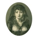 A 19th Century engraving of a bust length portrait of a female in a headdress, 8.5" x 6.75" oval.