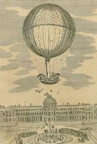 An engraving of an early balloon flight, 11" x 8".