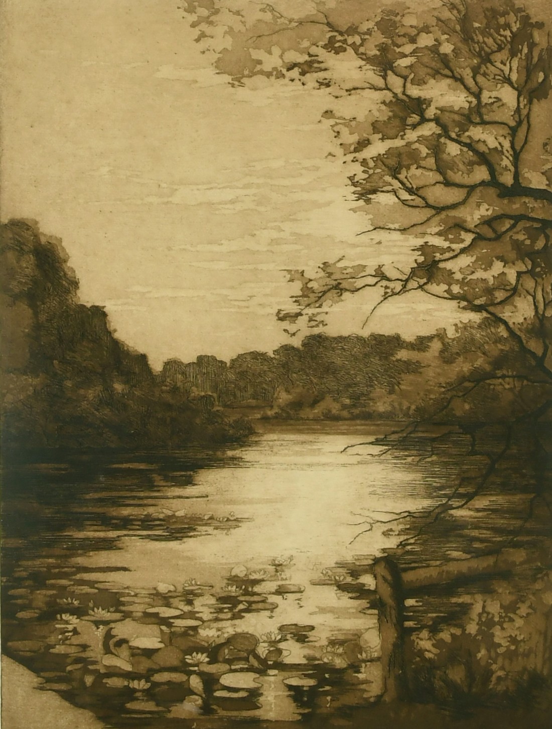 Daisy M Norrie (b.1899) British, Pembroke Castle and another of hilly ponds, etchings, signed and