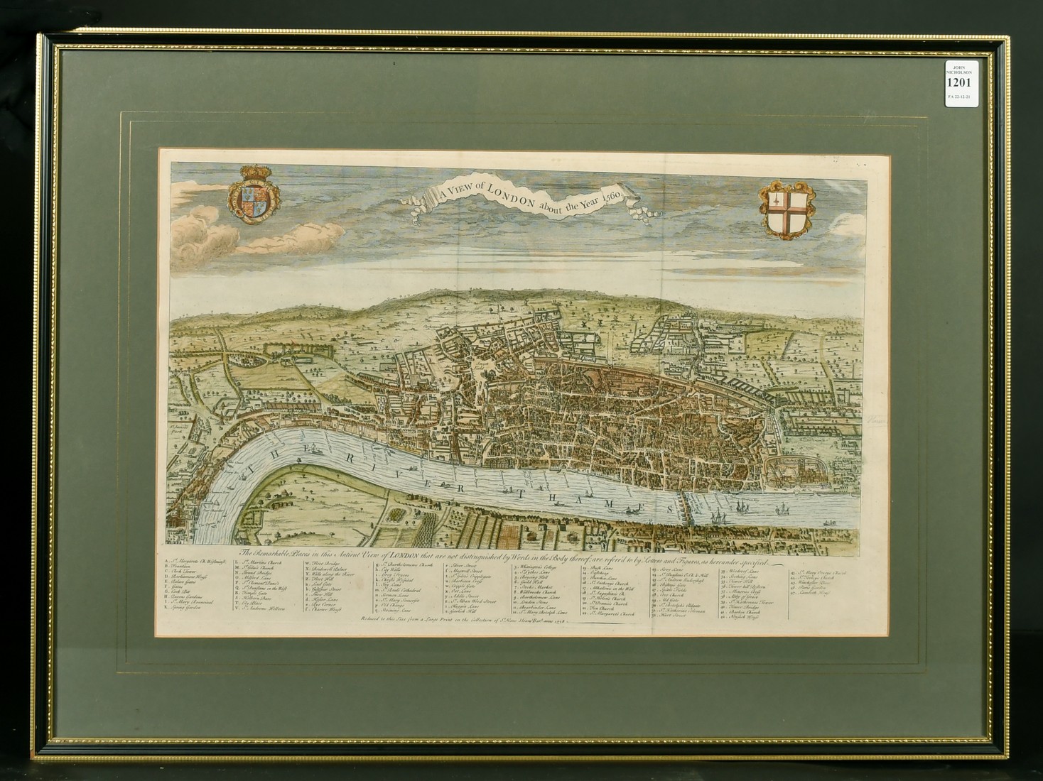 A View of London about the year 1560, by William Maitland, hand coloured engraving, 18th Century, - Image 2 of 3