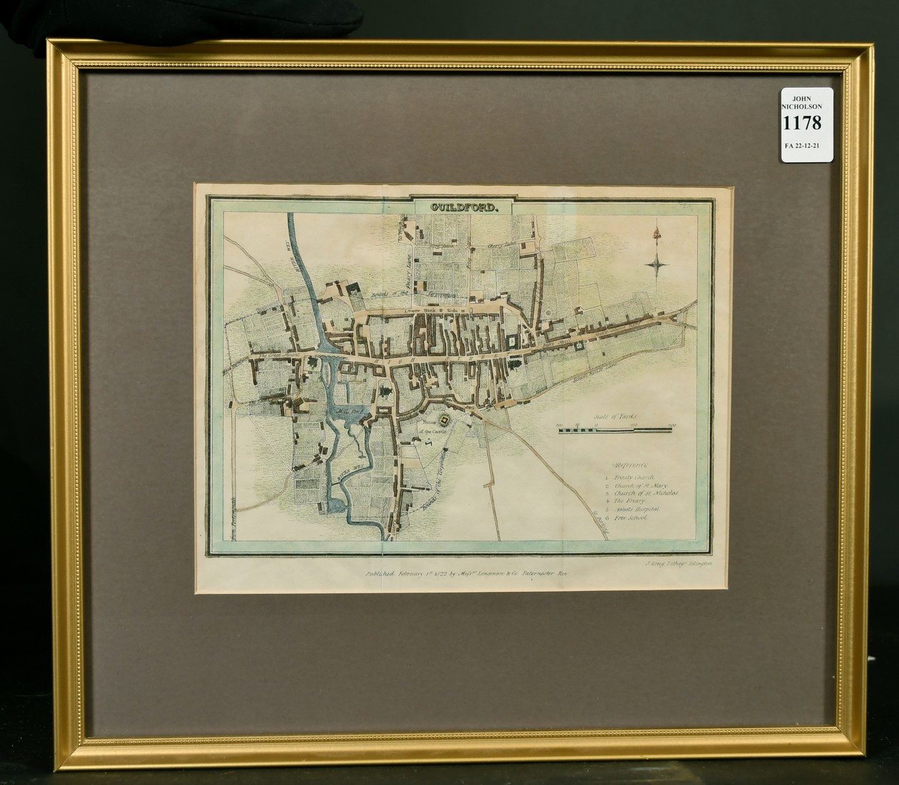 A Town Plan of Guildford, hand coloured engraving by J. Greig for "Excursions in the County of - Image 2 of 3