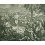 An antique engraving of Christ feeding the five thousand, 22.5" x 28", along with another