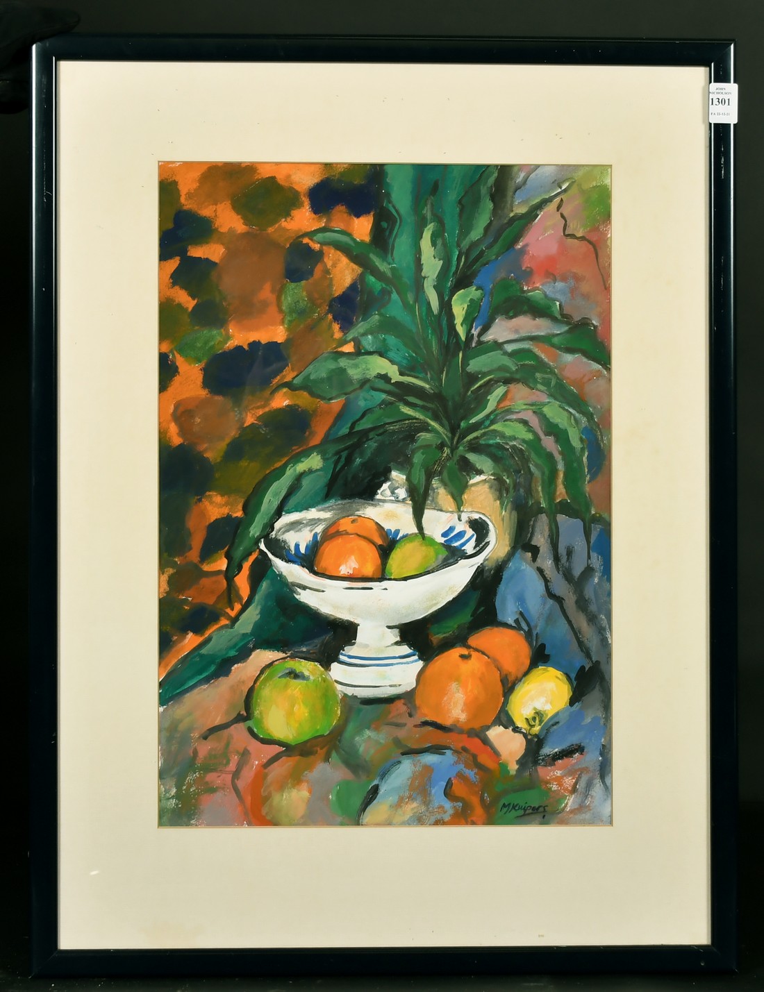 Maria Kuipers (20th Century), 'Bowl of Fruit', gouache, signed, label verso with title and dated - Image 2 of 4