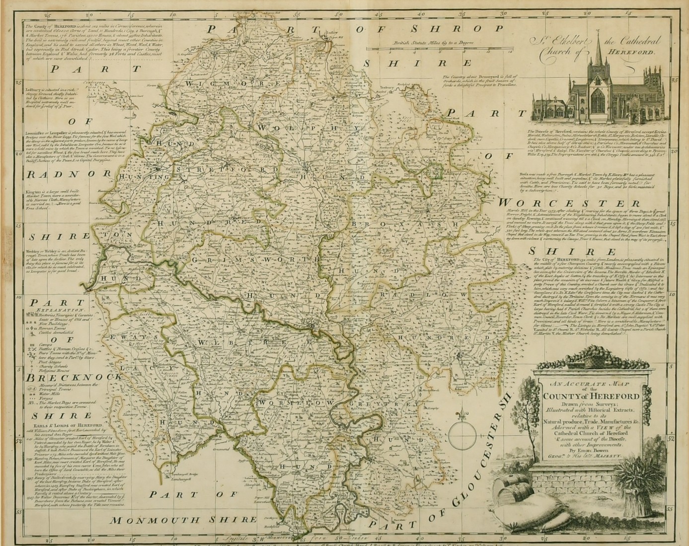 An accurate map of the county of Hereford...., by Emanuel Bowen, outline coloured, engraving, 18th