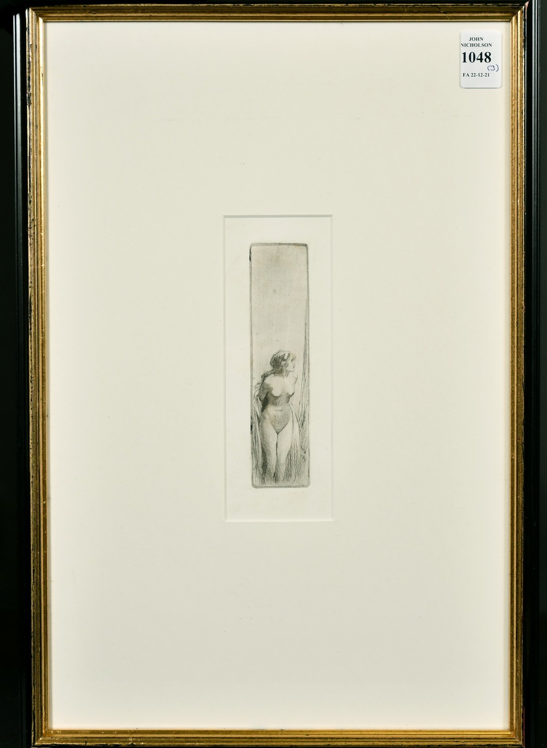 An etching of a female nude, indistinctly signed in the plate, 6.5" x 2", along with a similar - Image 3 of 4