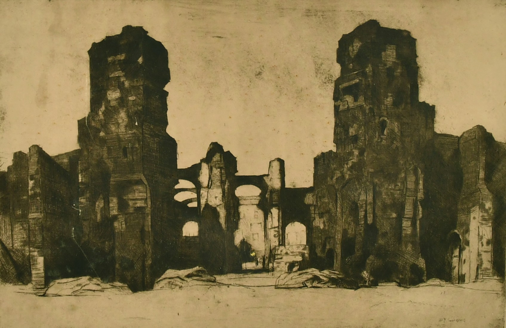 David Young Cameron (1865-1945) British, The Baths of Caracalla, Etching and drypoint, 6" x 9".