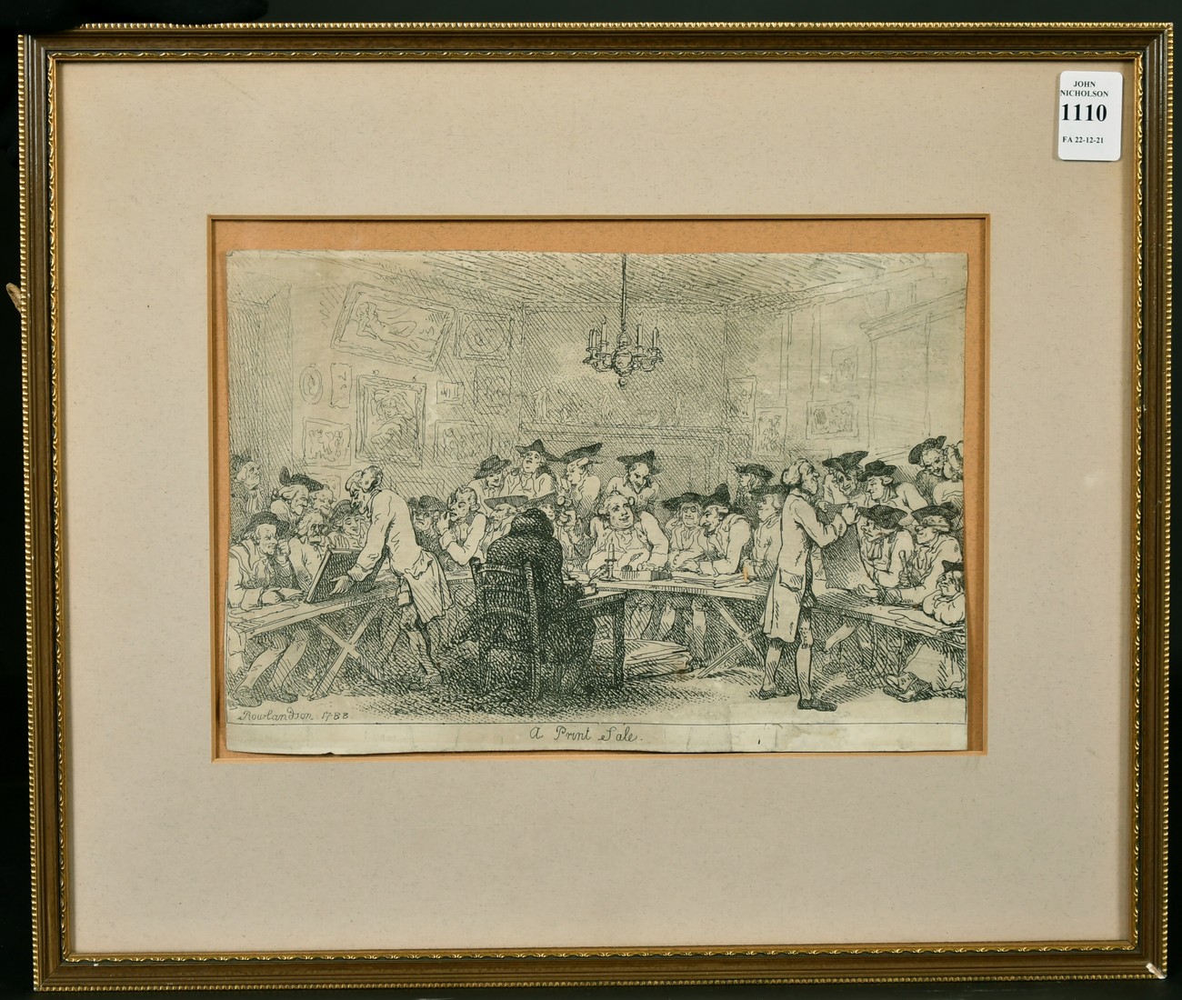 Thomas Rowlandson (1757-1827) British, etching of 'A Print sale', dated 1788, trade label verso, - Image 2 of 3