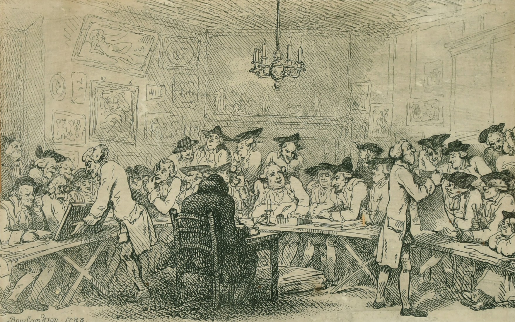 Thomas Rowlandson (1757-1827) British, etching of 'A Print sale', dated 1788, trade label verso,