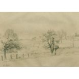 Charles Agard (1866-1950) Trees and a farmstead, pencil drawing, 10.25" x 14.5".