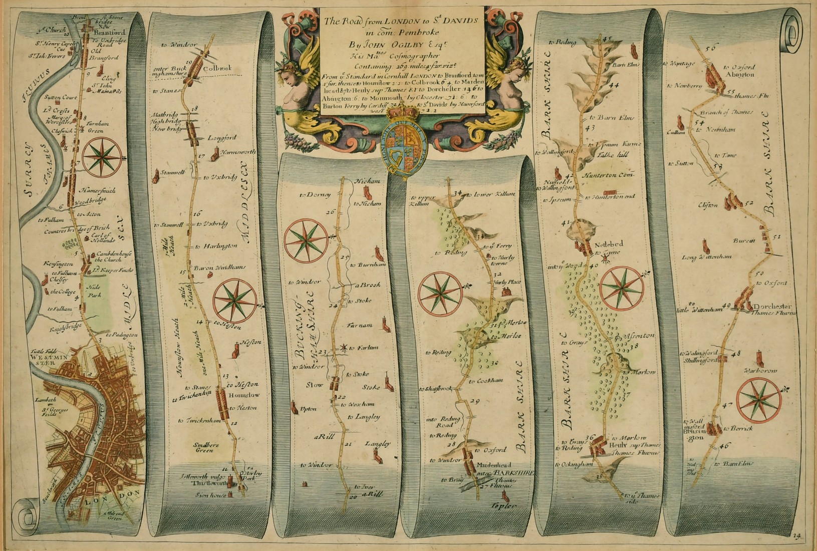 John Ogilby, circa 1698, The Road from London to St. Davids in com. Pembroke, circa 1698, hand