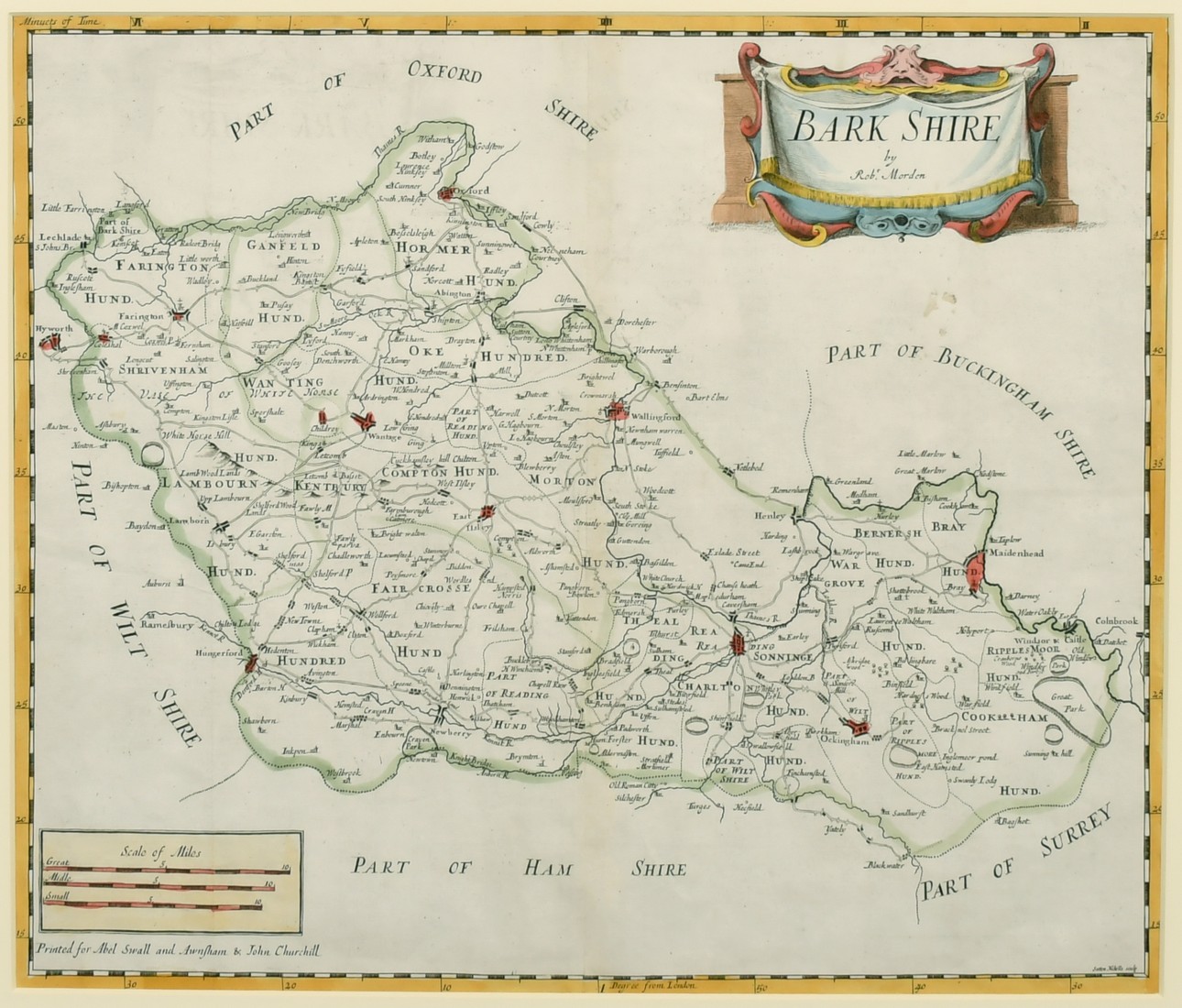 Barkshire by Robert Morden, a hand-coloured engraving, 18th Century, 14" x 16.25".