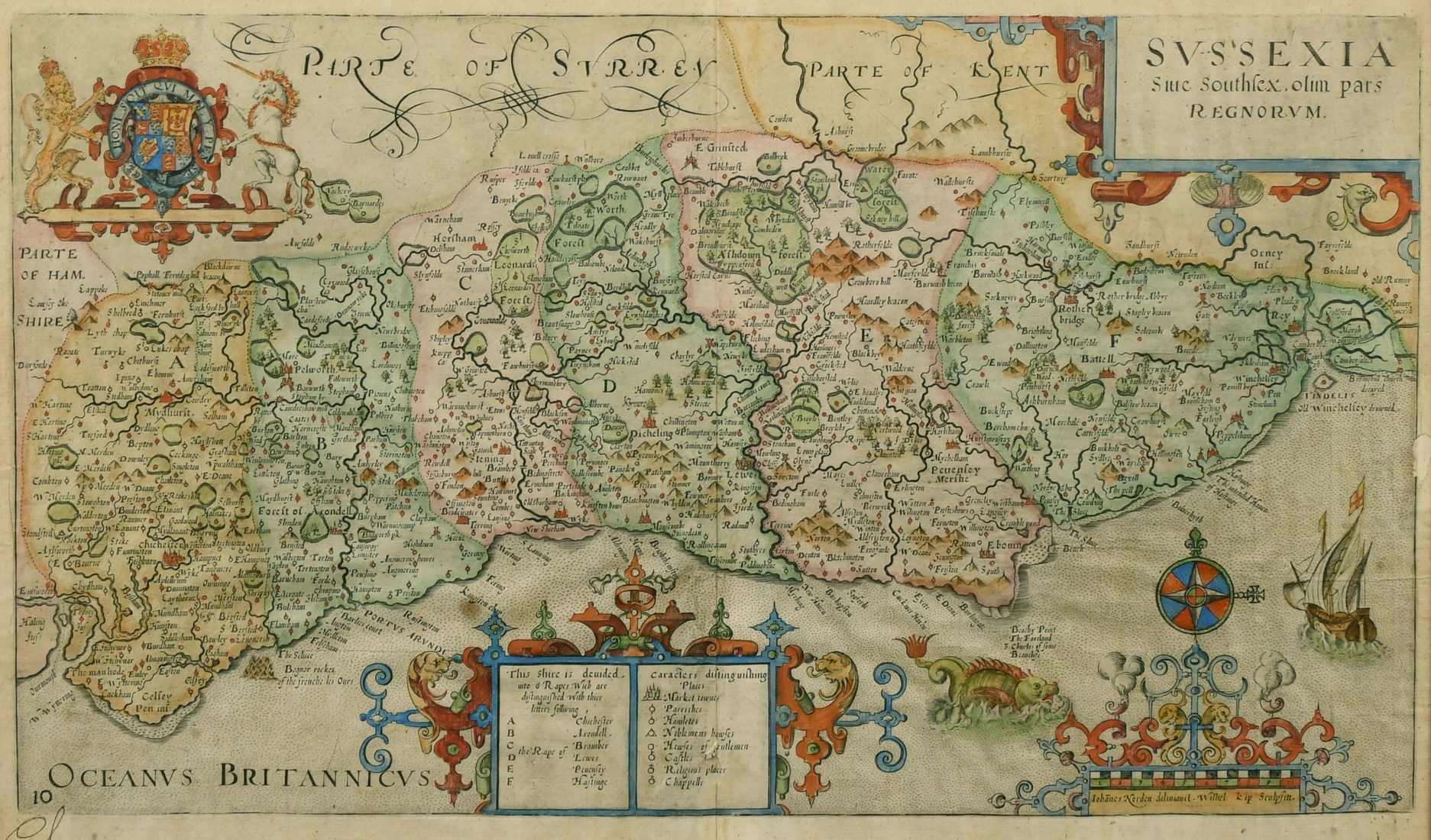 John Norden and William Kip, a hand-coloured map of Sussexia, 17th Century, hand colouring