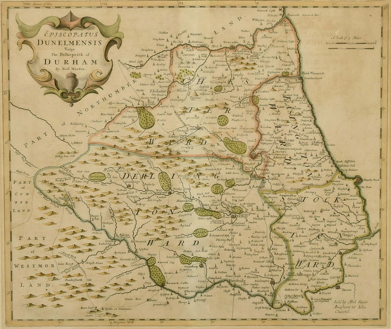 Episcopatus Dunelmensis, vulgo the Bishoprick of Durham, by Robert Morden, outline coloured, 18th