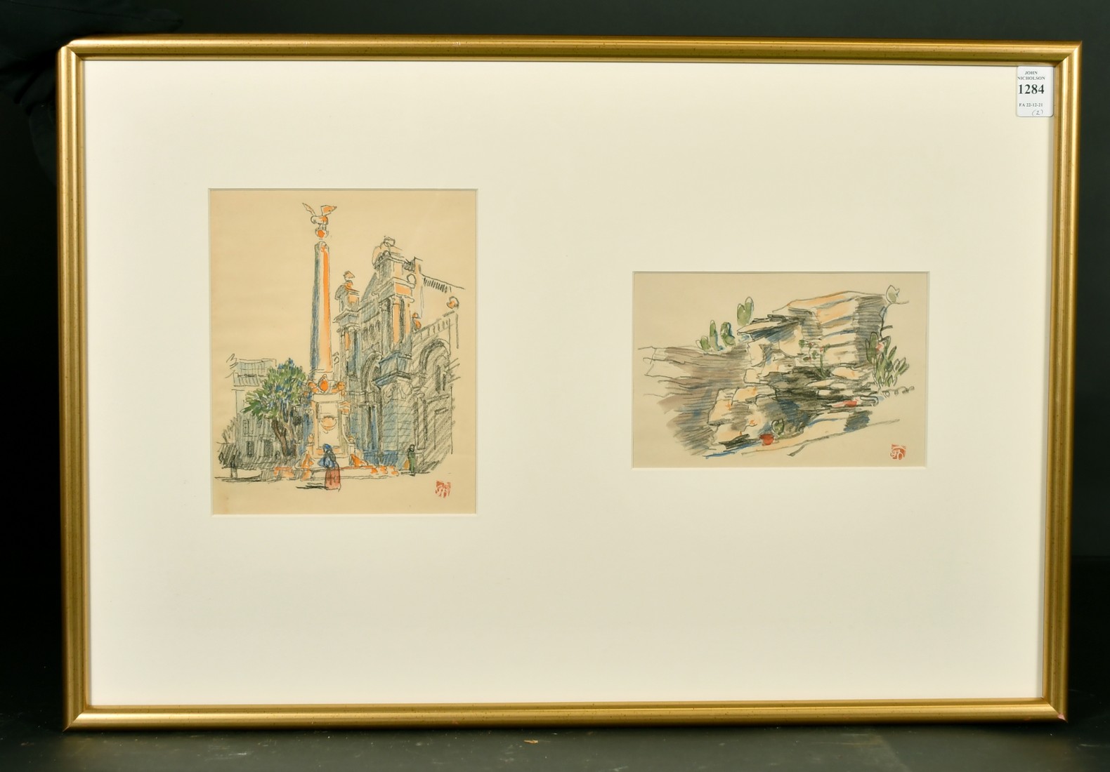 Early 20th Century, A set of four sketches of various scenes, all signed with an ink stamp, framed - Image 2 of 4