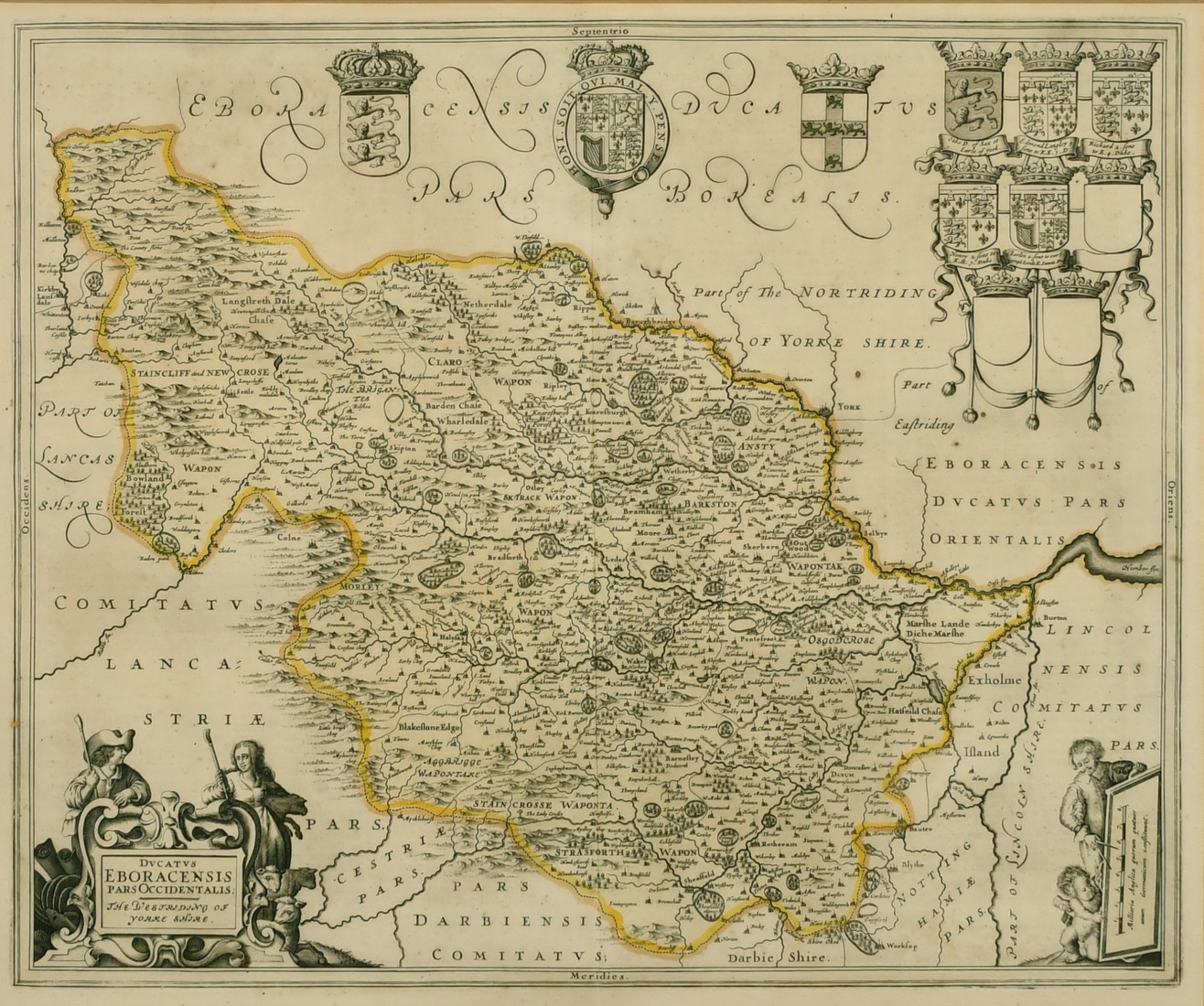 Ducatus Eboracensis Pars Occidentalis, The Westriding of Yorke Shire, by Johannes Blaeu, outline