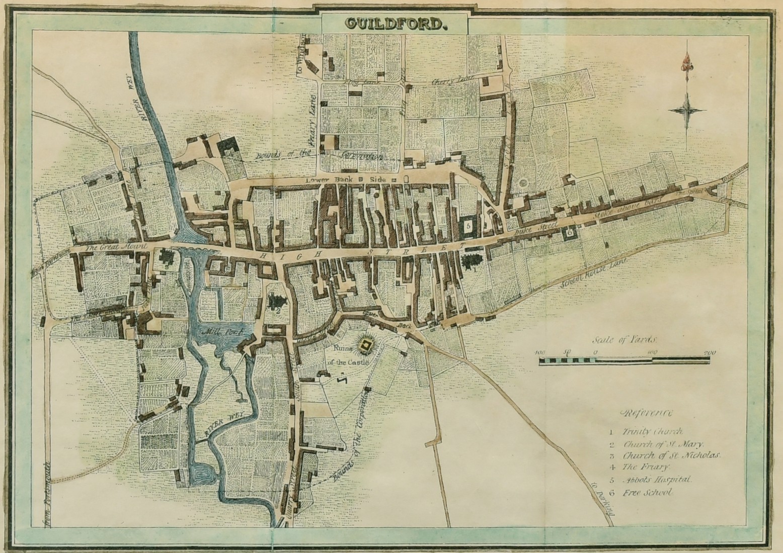 A Town Plan of Guildford, hand coloured engraving by J. Greig for "Excursions in the County of