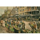 20th century South African School, Figures at a flower market (possibly Cape Town), coloured