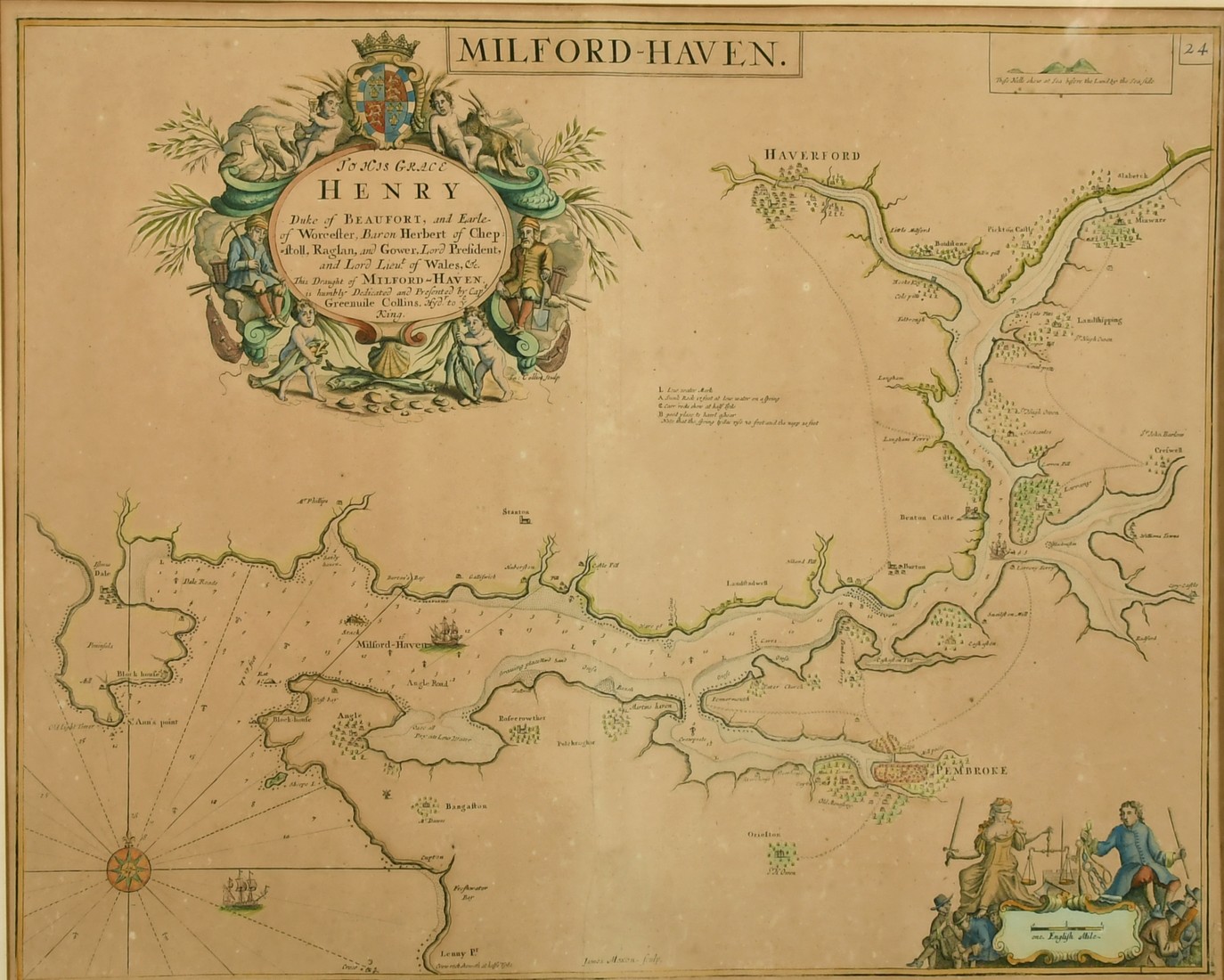 Greenuile Collins, A hand coloured engraved map/chart of Milford Haven, 18" x 22.75".