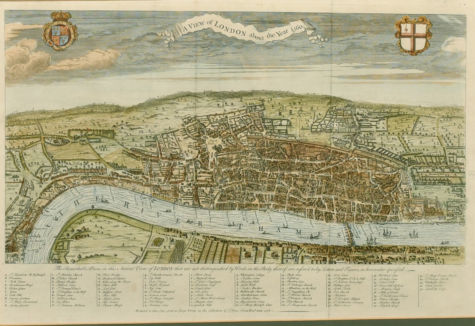 A View of London about the year 1560, by William Maitland, hand coloured engraving, 18th Century,