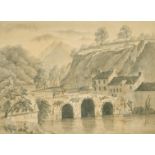 A group of 4 drawings, Houses by a bridge on the river, 'Glanmire Bridge near Cork', with