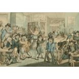 A hand coloured early 19th Century etching caricature, 'A mad dog in a coffee house', 11" x 15.5".