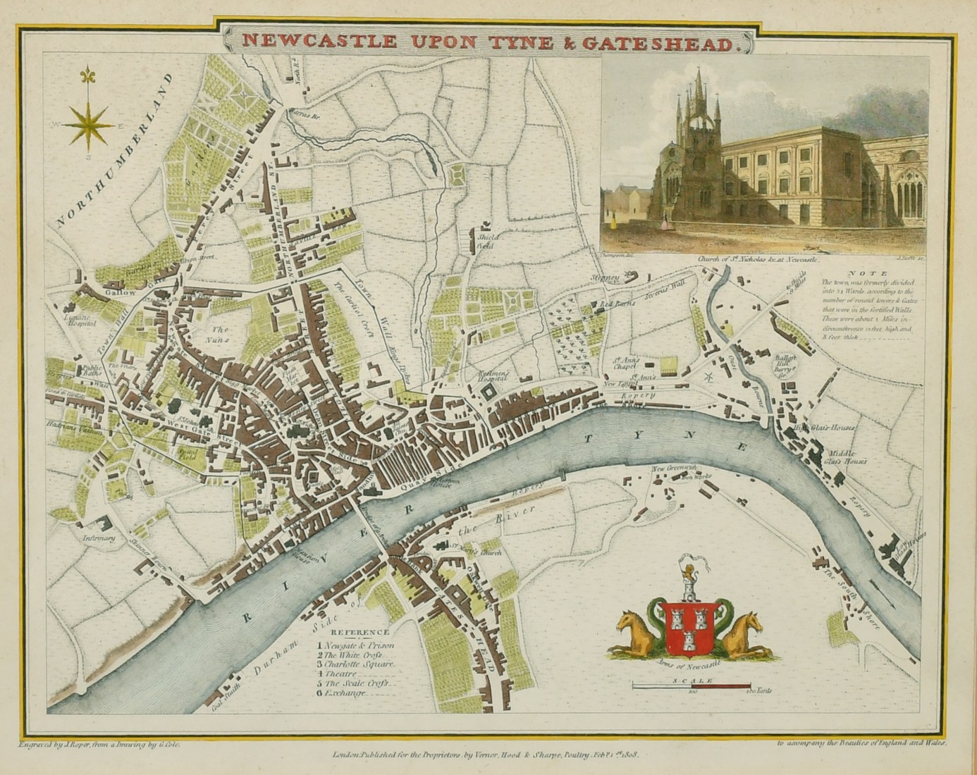 Newcastle Upon Tyne & Gateshead, by G. Cole & J. Roper circa 1810, hand coloured engraving, 7.75"