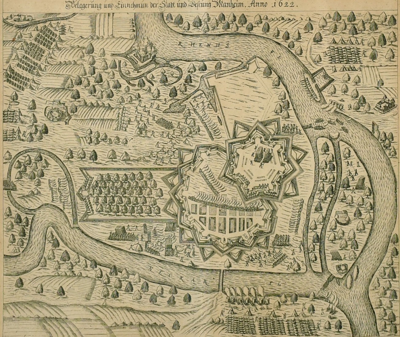 Belagerung und Einnehmun der Stadt und Vestung Manheim Anno 1622, a 17th Century engraving of the