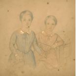 A 19th Century pencil and watercolour study of two girls, 12" x 12".