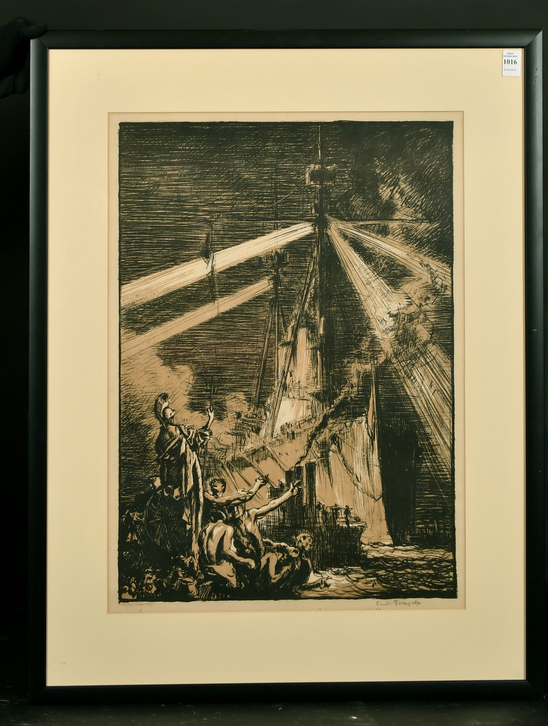 Frank Brangwyn, figures by a ship, produced by Thomas Way, signed in pencil, 23" x 16". - Image 2 of 4