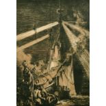 Frank Brangwyn, figures by a ship, produced by Thomas Way, signed in pencil, 23" x 16".