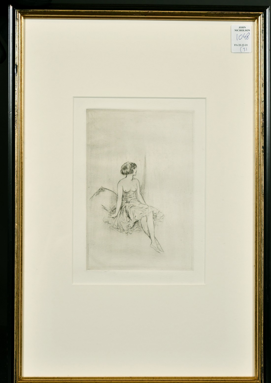 An etching of a female nude, indistinctly signed in the plate, 6.5" x 2", along with a similar - Image 2 of 4