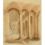 Mid-19th Century English School, A study of the interior of St Agnesi church in Rome, pencil and