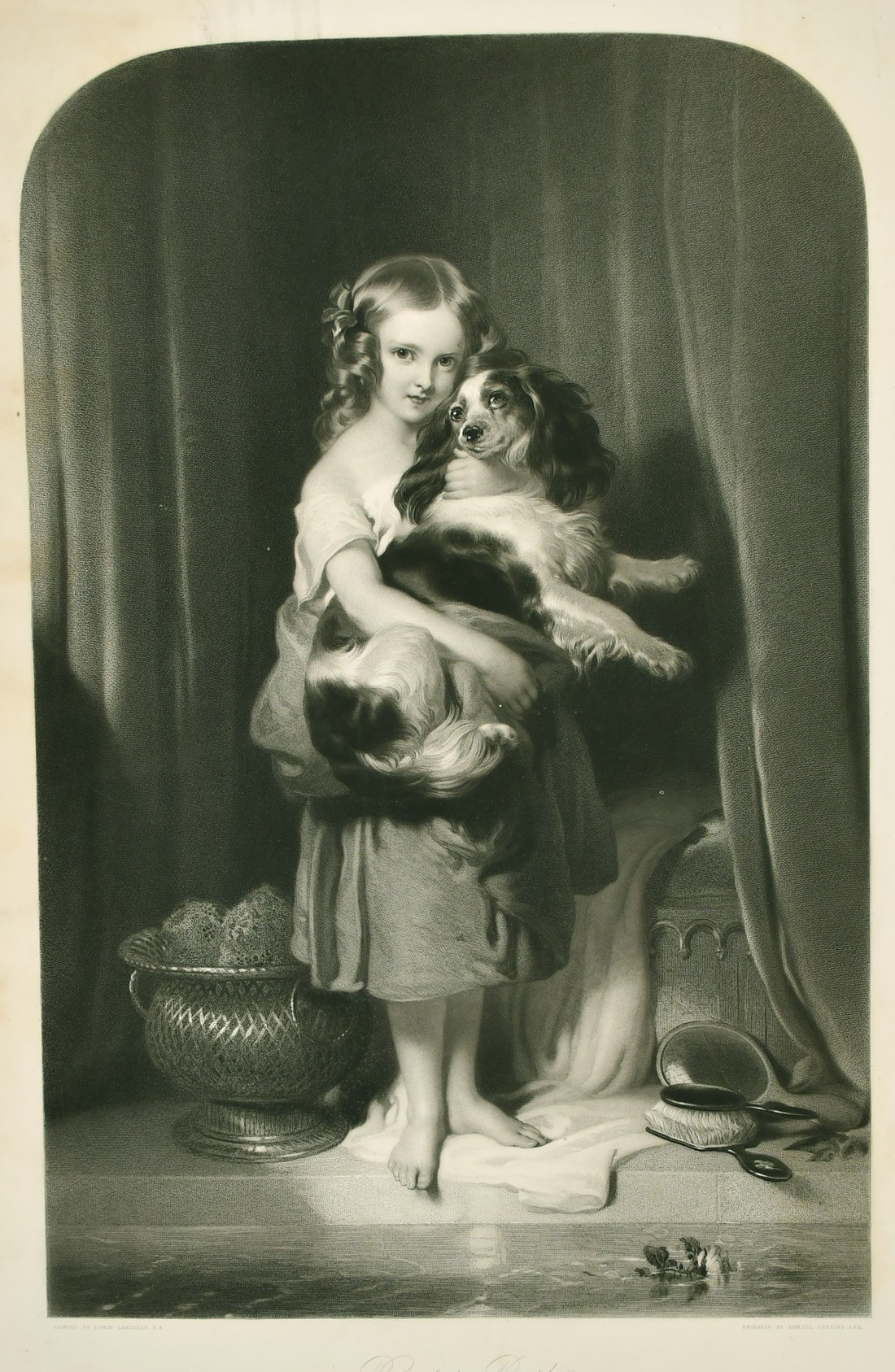 Samuel Cousins after Landseer, 'Beauty's Bath', a young girl holding a spaniel, mixed method