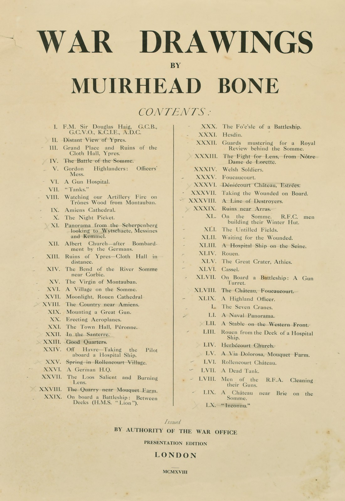 War Drawings by Muirhead Bone, Presentation Edition issued by the War Office, cover missing and some