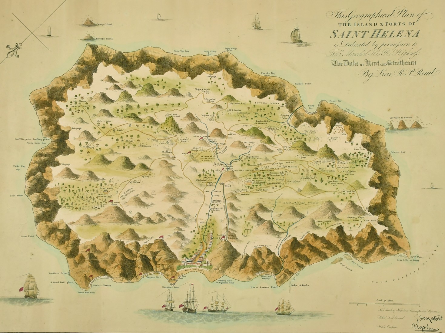 A collection of maps and plans including 'The Island and Forts of Saint Helena' circa 1817, unframed