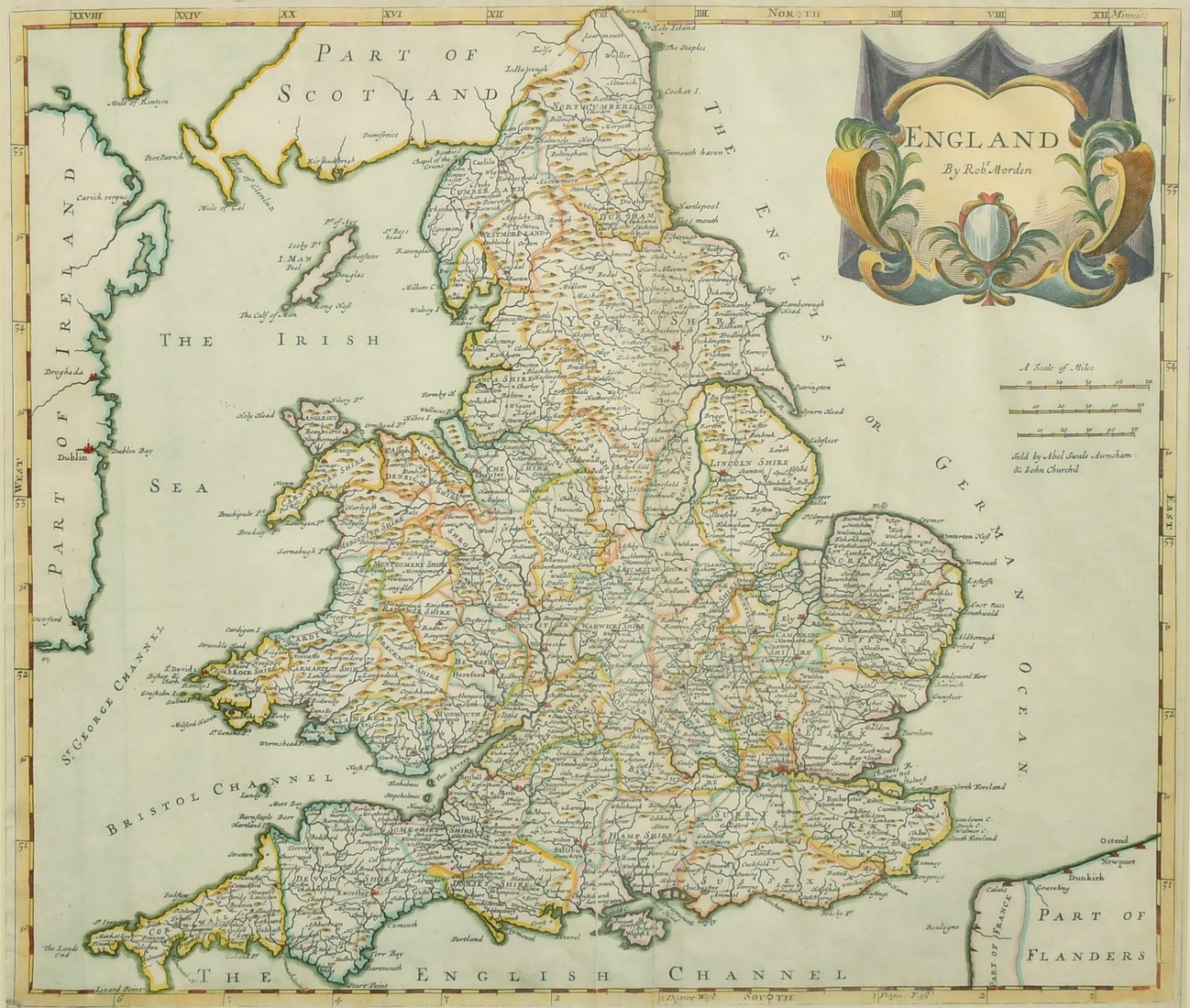 England by Robert Morden, hand coloured engraving, 18th Century, 14.75" x 16.75".