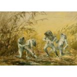 19th/20th Century, a scene of four frogs in combat, 6.75" x 9.5", unframed.